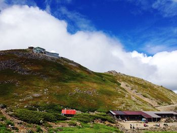 Scenic view of mountains against cloudy sky