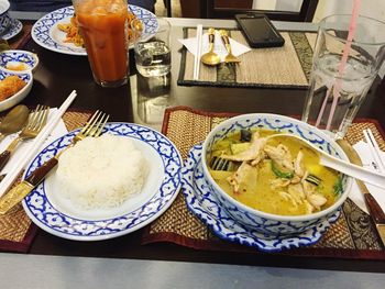 Close-up of served food on table