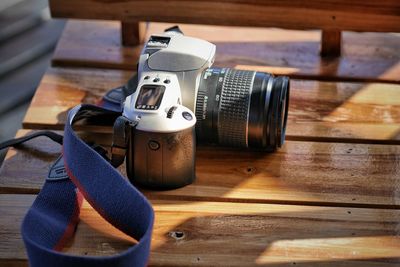 High angle view of camera on table