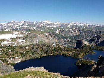 Scenic view of lake and mountains against clear sky