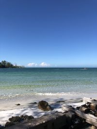 Scenic view of sea against clear blue sky