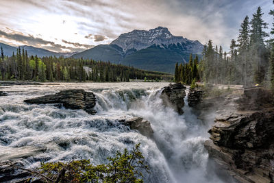 Scenic view of waterfall against sky