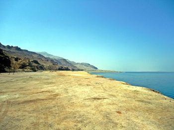 Scenic view of sea and mountains against clear blue sky