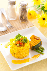 High angle view of food in plate on table