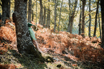 Girl leaning on tree trunk in forest during autumn