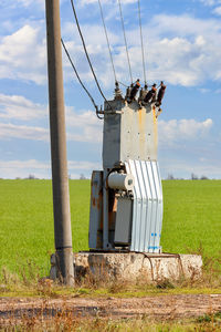 An old transformer station with bare wires stands near a concrete pole and green agricultural field.