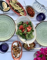 High angle view of breakfast served on table