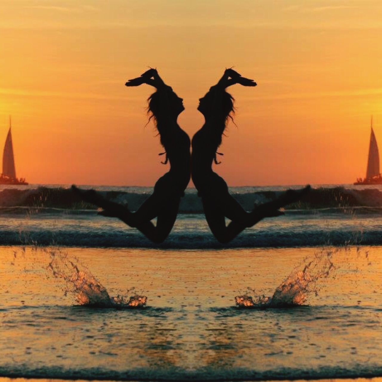 sunset, water, sea, orange color, silhouette, sky, horizon over water, beach, men, human representation, leisure activity, sculpture, lifestyles, art, art and craft, statue, full length, creativity