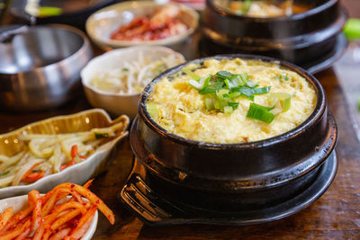 High angle view of food in bowl on table