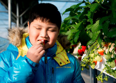 Close-up of boy eating strawberry standing by plant