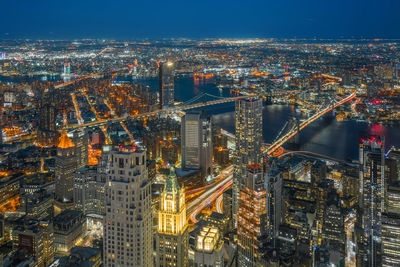 Top view of new work cityscape from one world trade observatory as skyscraper at twilight