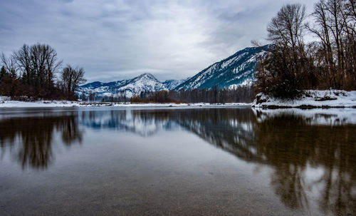 Scenic view of lake by snowcapped mountains against sky