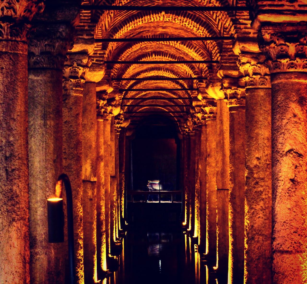 architecture, orange color, built structure, the way forward, arch, indoors, architectural column, religion, history, no people, spirituality, place of worship, day