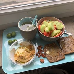 High angle view of breakfast on table