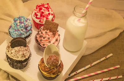 High angle view of dessert on table