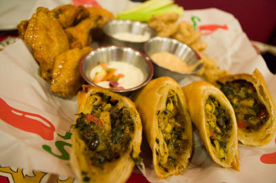 Close-up of food served on table