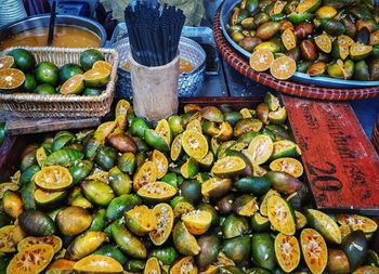 High angle view of fruits for sale at market stall