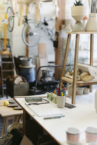 Close-up of table in workshop