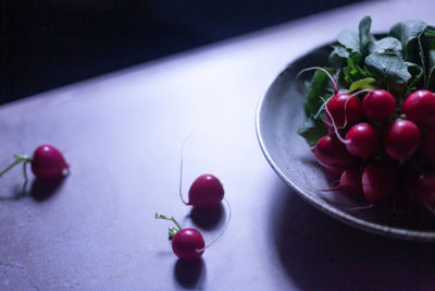 High angle view of cherries in bowl on table