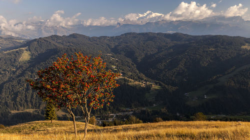 Scenic view of mountains against sky during autumn