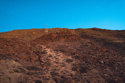 Low angle view of mountain against blue sky