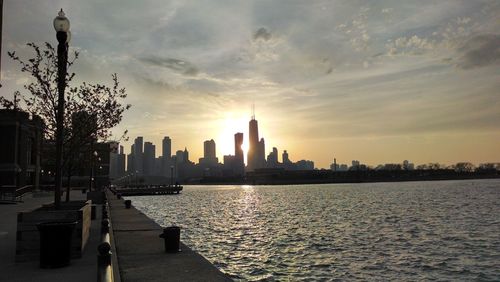 City skyline at sunset