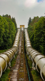 Railroad tracks amidst trees against sky