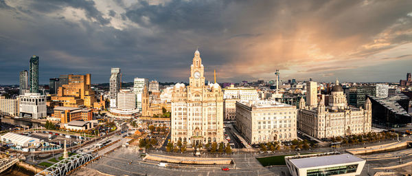 Beautiful panorama of liverpool waterfront in the sunset.