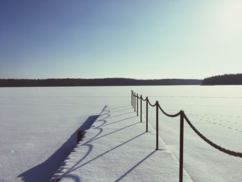 Scenic view of lake against clear sky during winter