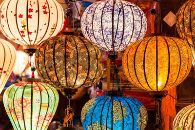 Close-up of illuminated lanterns