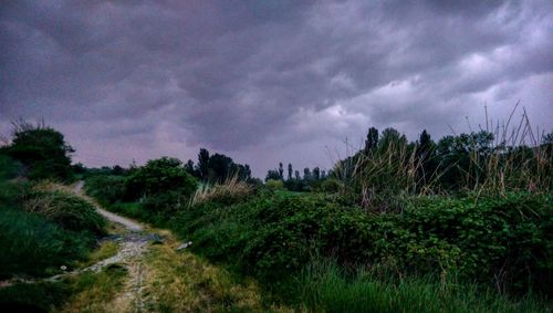 Scenic view of landscape against storm clouds