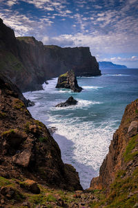 Scenic view of sea and mountains against sky