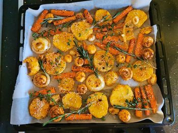 High angle view of food in tray