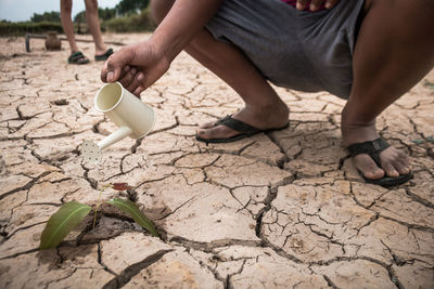 Low section of man watering plant on barren field