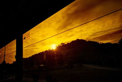 Low angle view of silhouette trees against orange sky