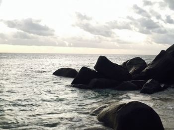 Rocks on beach against sky