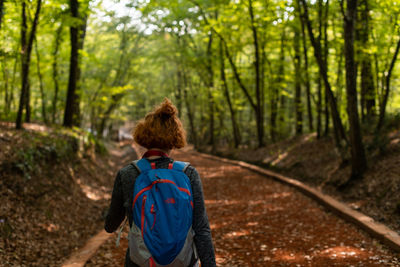 Rear view of woman walking in forest