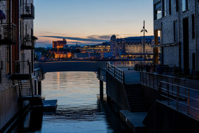 Bridge over river in city at sunset