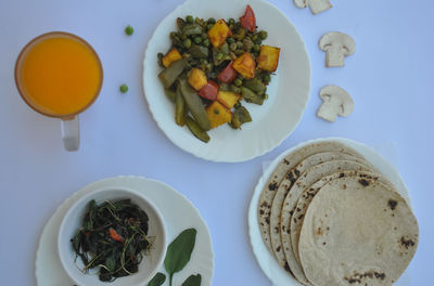 High angle view of breakfast served on table