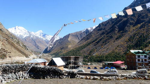 Scenic view of snowcapped mountains against clear sky