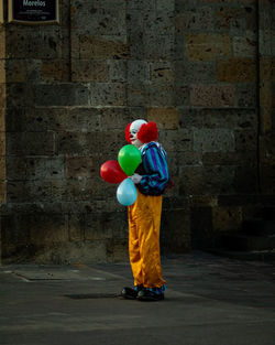 Rear view of a boy holding balloons