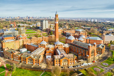 High angle view of buildings in city