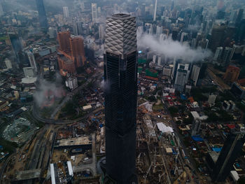 High angle view of modern buildings in city