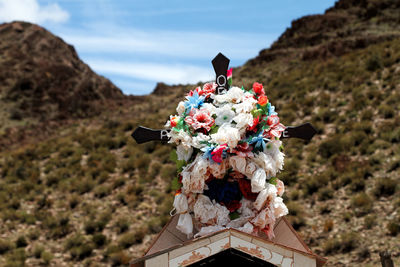 Statue of flowers against mountain