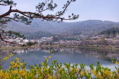 Scenic view of lake and mountains against sky