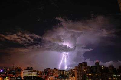 Lightning over buildings in city at night