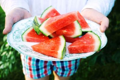 Midsection of person holding watermelon slices