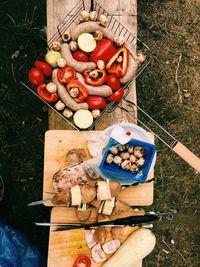 High angle view of mushrooms on barbecue grill