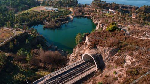 High angle view of dam by river