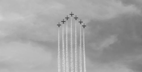 Low angle view of airplane flying against sky